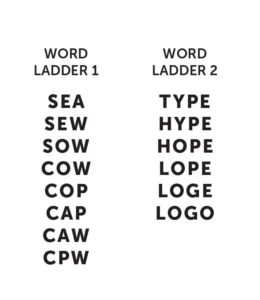 Two vertical word ladders labeled WORD LADDER 1 and WORD LADDER 2; left ladder shows SEA, SEW, SOW, COW, COP, CAP, CAW, CPW, right ladder shows TYPE, HYPE, HOPE, LOPE, LOGE, LOGO.